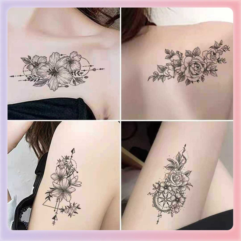 ✅ Wholesale Sketch Flower Tattoo Stickers Butterfly Black and White Scar Cover Rose Small Fresh Temporary Tattoo Stickers