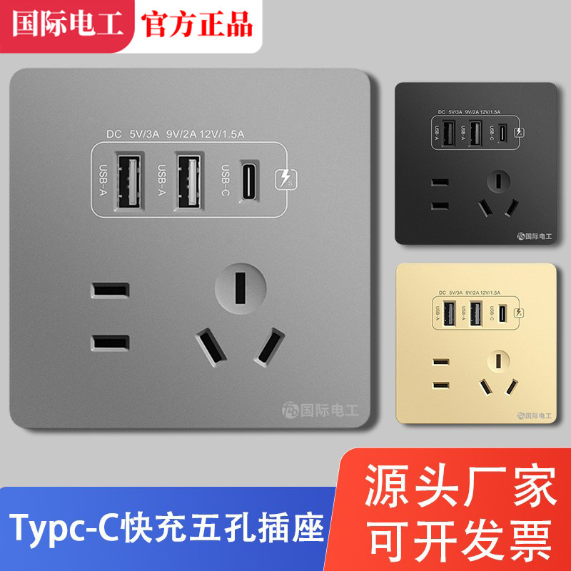 International Electrical Household 86-Type 20W Fast Charging USB Socket Mobile Phone Charging Type-C Five-Hole Switch Wall Panel