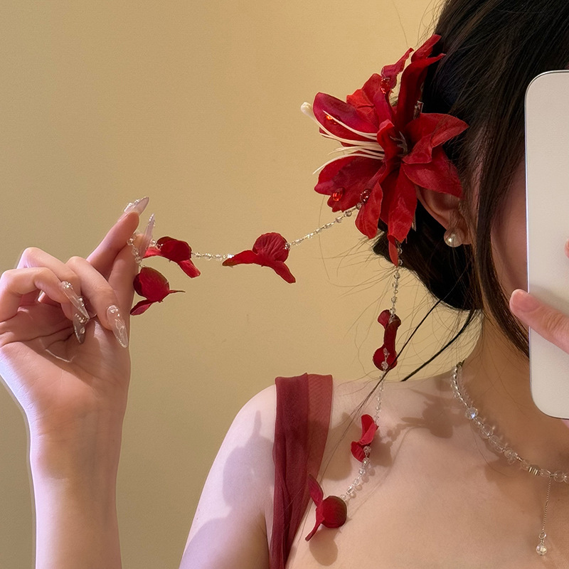 Simulación de tela Bianhua borla horquilla primavera y verano nuevo estilo de vacaciones junto al mar pinza de pico de pato sentido de alta calidad accesorios para el cabello todo-fósforo