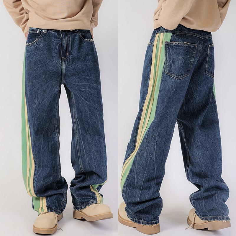 American Retro High Street Red and White Line Splicing Jeans for Men 2024 Autumn and Winter New Loose Straight Wide Leg Pants