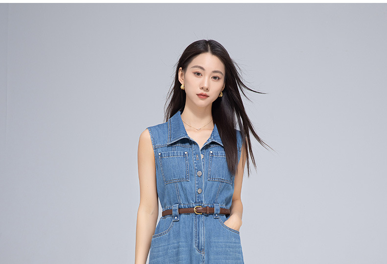 Váy denim cổ điển dáng dài không tay, thắt eo tôn dáng — Xanh lam hoài cổ chi tiết 20