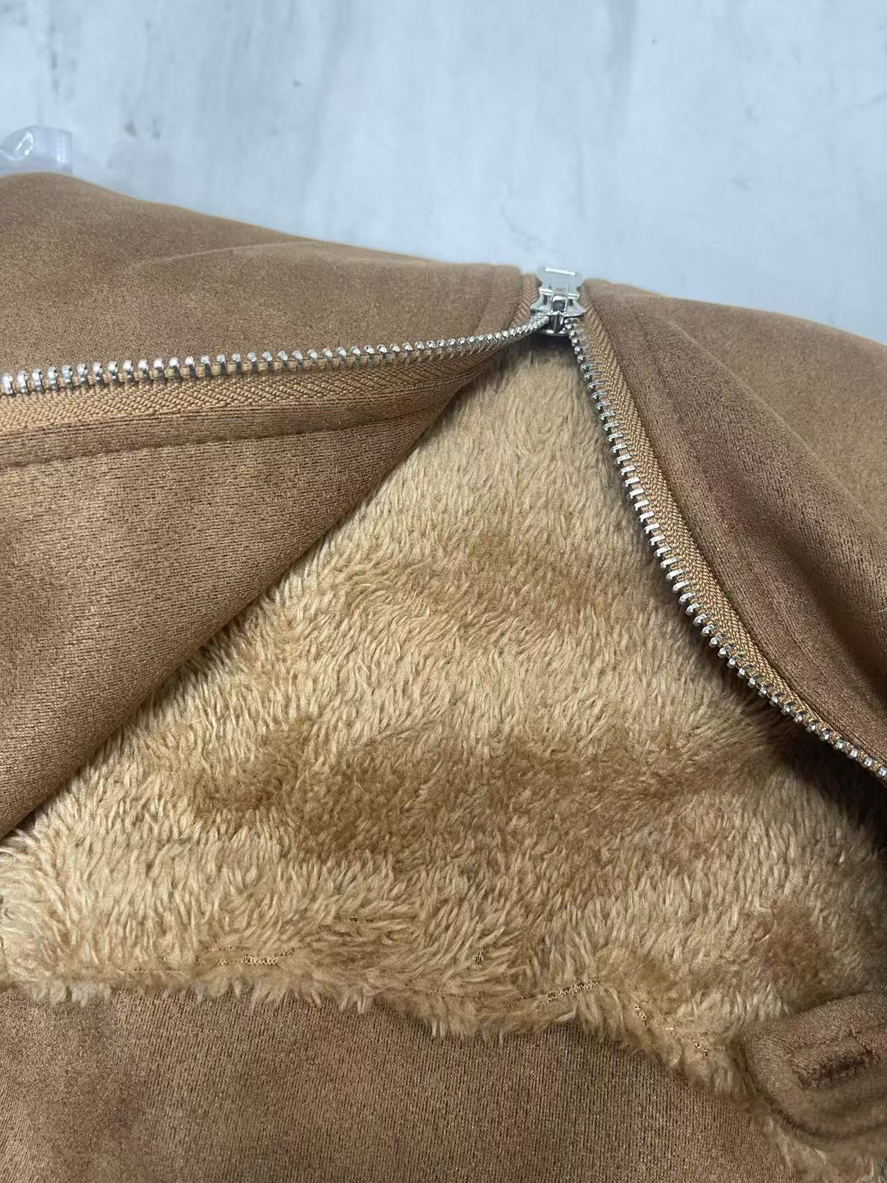 韓国風秋冬レトロ英国風ハンサムバイクスタイル裏起毛保温鹿革風ダブルジッパージャケット女性用