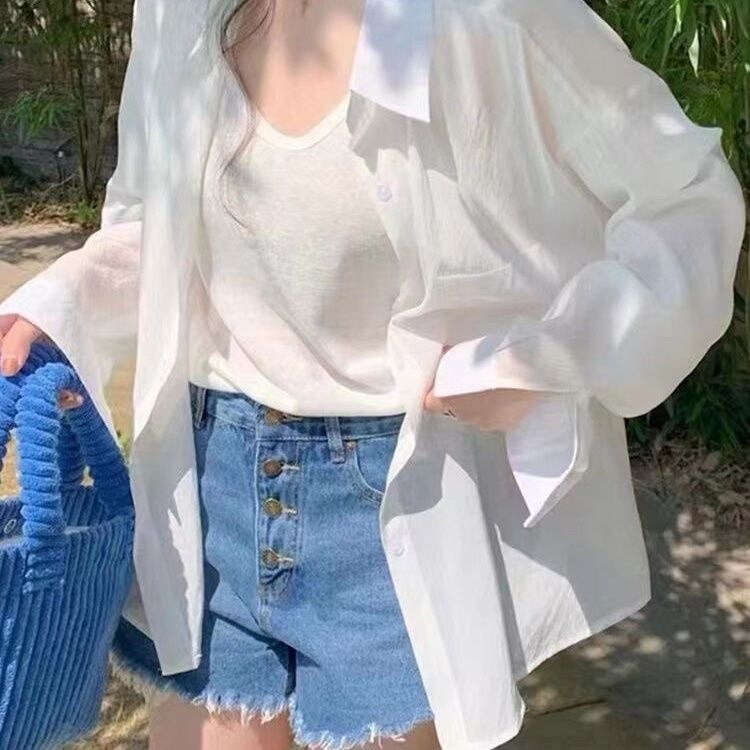 Thin Sun-Protective Shirt for Outerwear, Drapey Tencel Cotton Shirt for Women, Thin Spring and Summer Korean Style Loose Long-Sleeved Top, Stylish