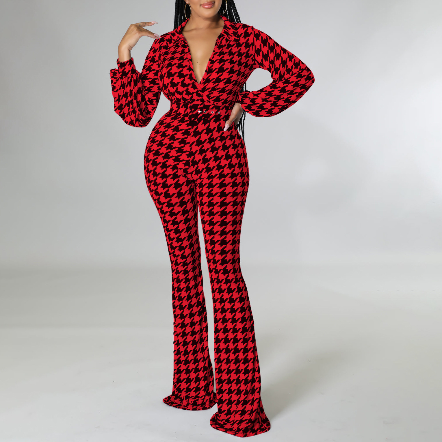 C8559 ropa de mujer transfronteriza 2023 Otoño e Invierno Nuevo cuello en V puff manga cintura apretada impresa pierna ancha más tamaño mono africano