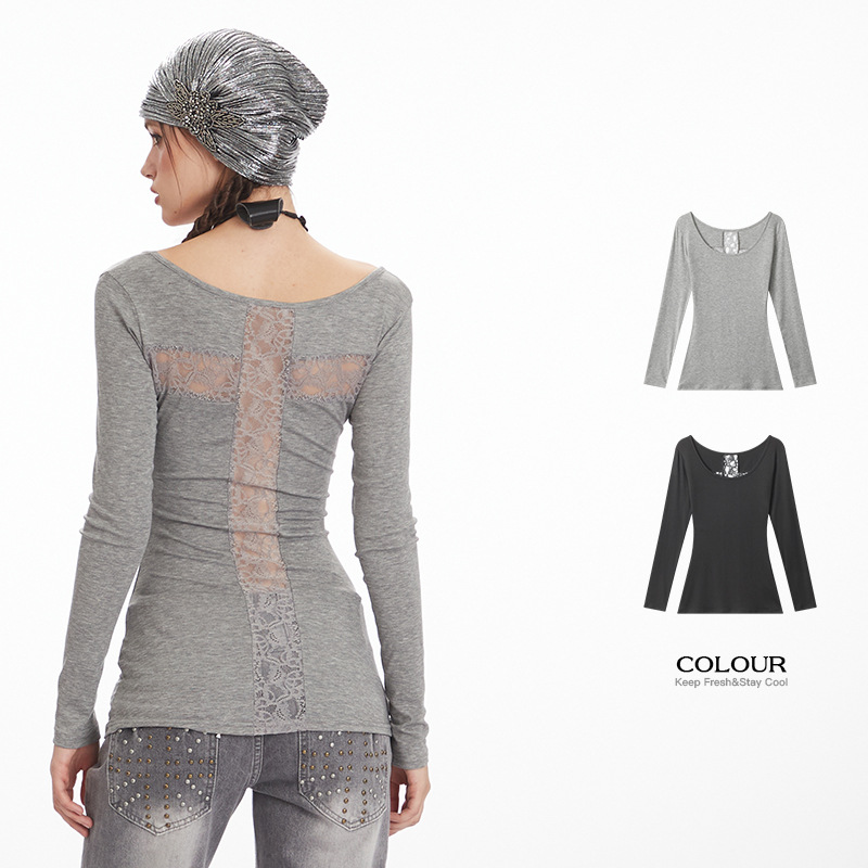 Heyhenry Back Cut Out Lace Sexy Slim Slim Long-Sleeved Top Feminine Autum Bottoming Shirt T-Shirt