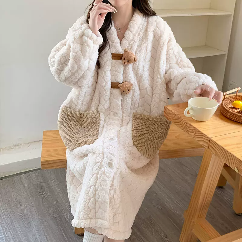 新款秋冬季提花浴袍卡通可爱长款家居服甜美睡袍V领宽松