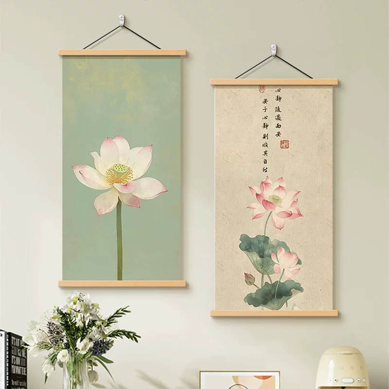 Ink Painting of Lotus Flowers, Decorative Painting for Entrance Hall, Living Room, Bedroom, Dining Room, Wall Painting, New Chinese Style Mural, Lotus Leaf Calligraphy and Painting