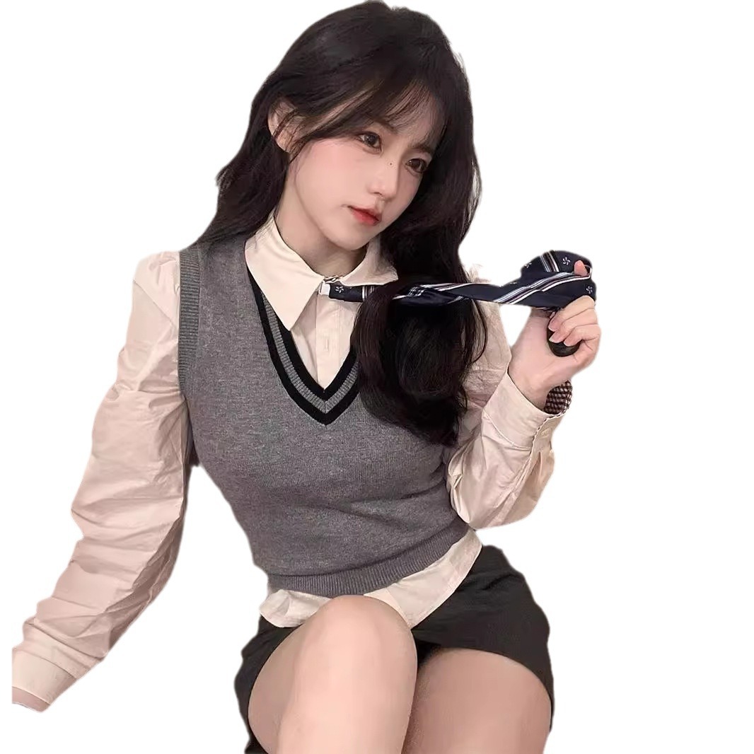 봄 여자 JK 유니폼 샤오샹 대학 스타일 셔츠 조끼 한국 드라마 2 피스 세트 원피스 착용