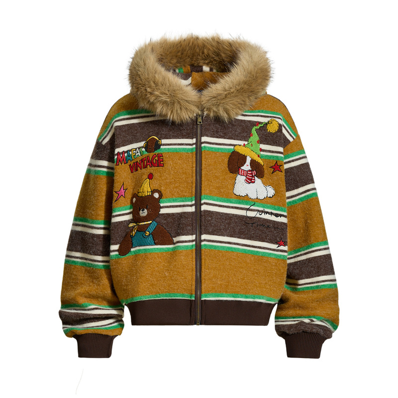 Cute Embroidered Bear Thickeneded Velvet Hooded Jacket for Men and Women Autumn and Winter American Retro Rabbit Ear Fur Collar Jacket Cute Embroidered Bear Thickeneded Velvet Hooded Jacket for Men and Women Autumn and Winter American Retro Rabbit Ear Fur Collar Jacket