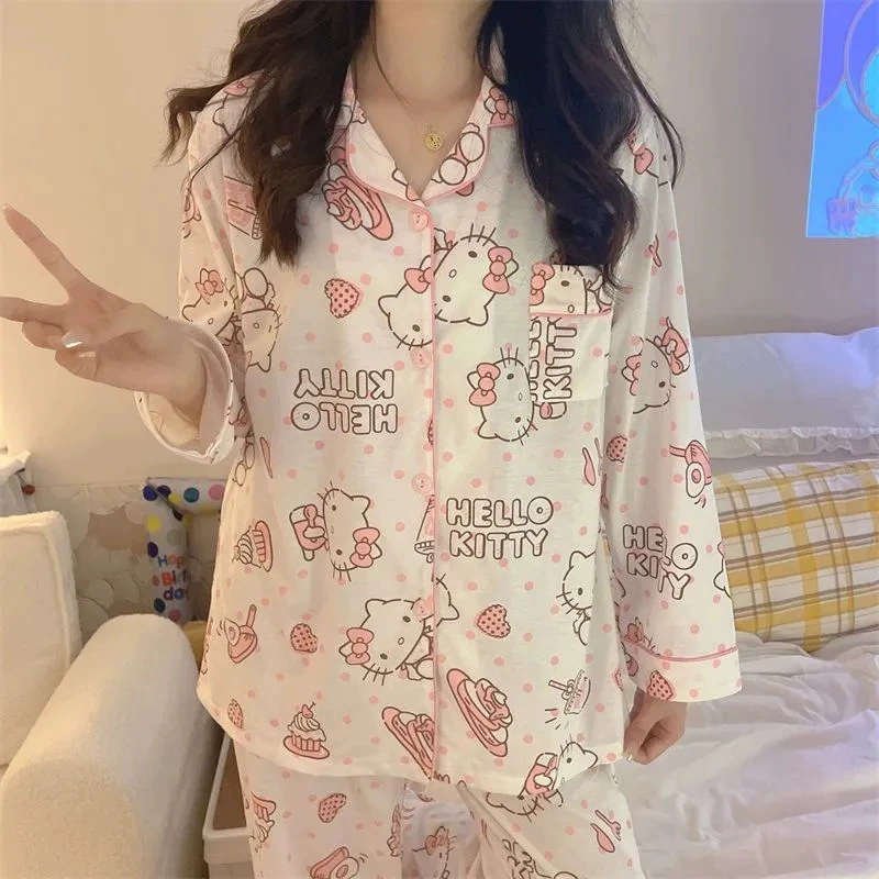 Пижамный набор Hello Kitty на осень (Hello Kitty) милый японский стиль, хлопок с длинным рукавом, размеры M–XXL