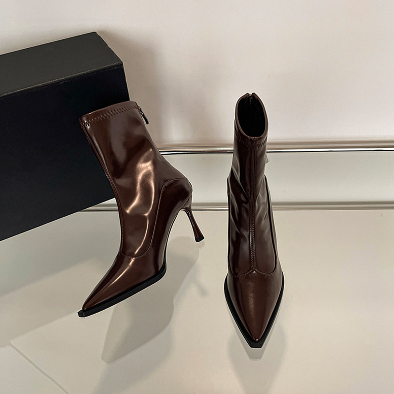 Brown Pointed Toe High-Heeled Short Boots for Women, Stiletto Patent Leather Back Zipper Slim Boots, Autumn and Winter Velvet Fashion Splicing Ankle Boots