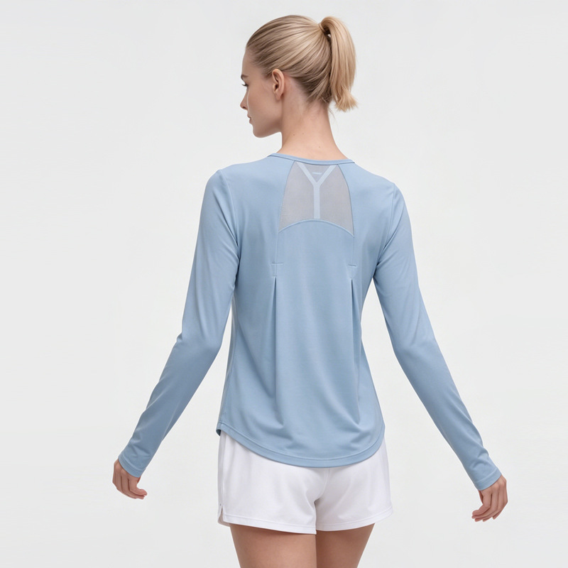 Camisa de yoga transpirable de secado rápido para mujer de manga larga deportiva de malla lulu, cuello redondo, camiseta casual, blusa de fitness para correr
