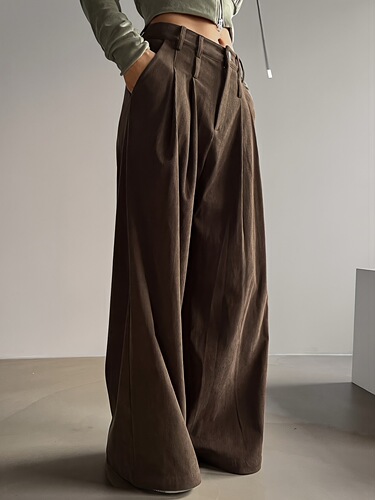 Retro brown corduroy wide-leg pants cross-border women's high-waist pleated pants draping and slimming Amazon spring and summer