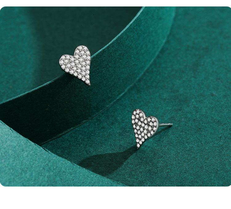 Polished Finish Inlay Design 1 Pair 925 Sterling Silver Zircon Heart Shape Ear Studs