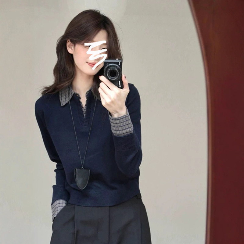 藏蓝色翻领拼接假两件修身针织打底衫春装女款2025年新款韩系上衣|undefined