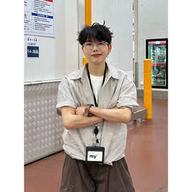 日系少年感白色格子短袖衬衫男夏季宽松休闲街头慵懒翻领衬衣外套