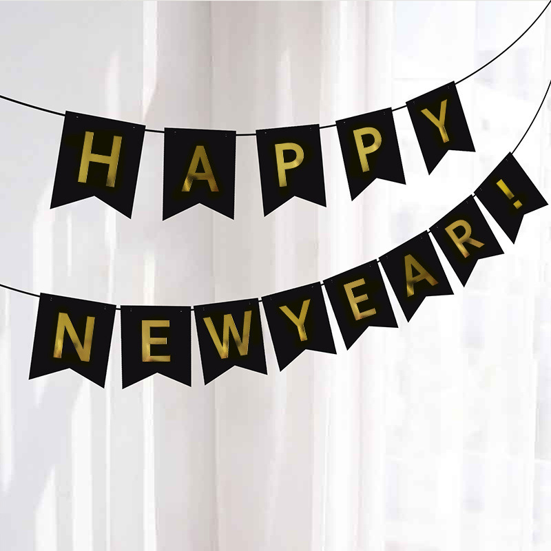 Mayorista 2023 Año Nuevo tira de la bandera negra estampado decoración de fiesta cola de pescado decoración de Año Nuevo feliz