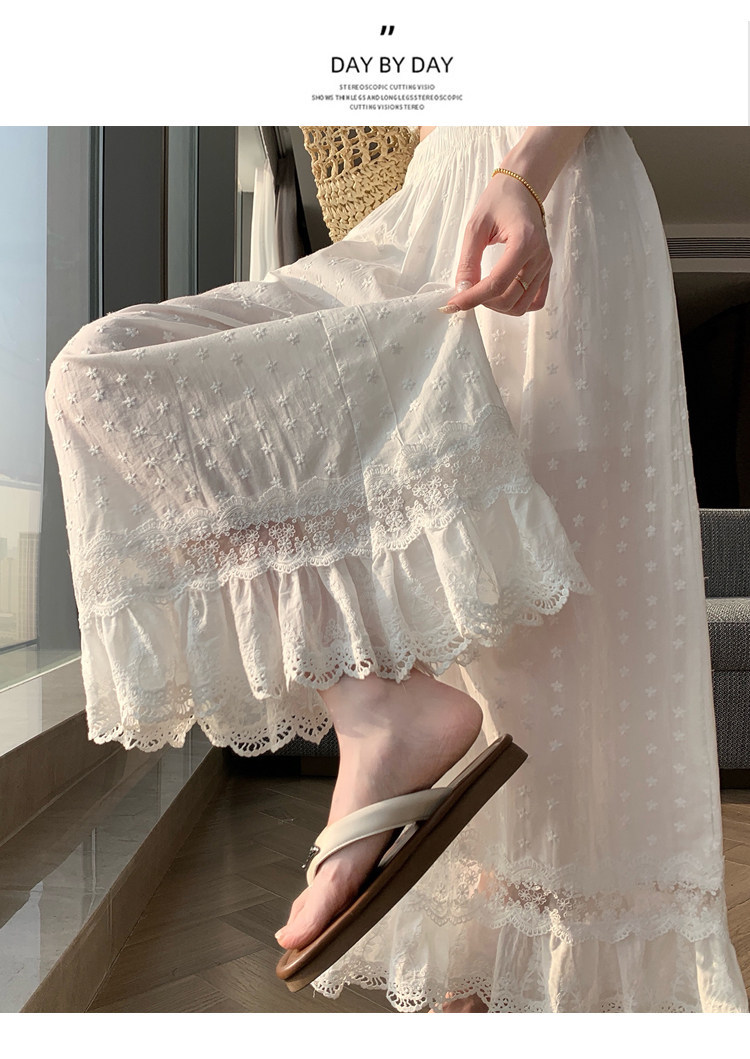 Quần culottes nữ ống rộng ren thêu rỗng cạp cao — màu trắng chi tiết 24