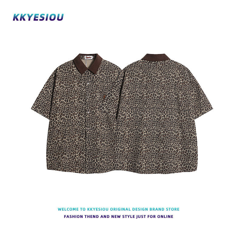 KKyesiou Design Sense Trendy Brand Leopard Embroidered Vintage Short-sleeved Shirt Men's oversize Shorts Two-piece Suit