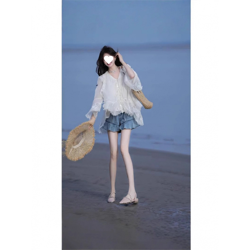夏季2025新款一整套女装韩系穿搭氛围感蕾丝拼接衬衣牛仔喇叭|undefined