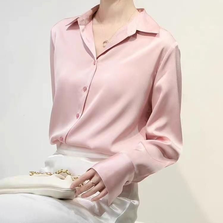 醋酸缎面衬衣女职业装春夏复古港味风设计感小众长袖衬衣白色|undefined
