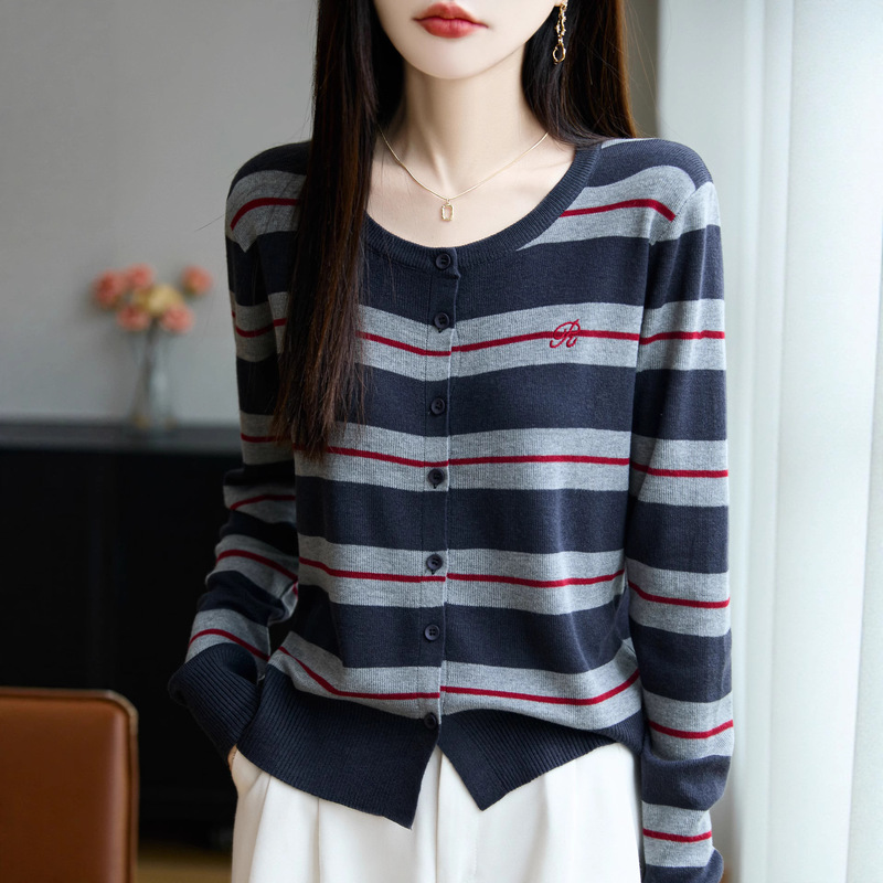2025早秋新款显瘦针织衫外套女开衫拼色条纹刺绣长袖上衣女A7123|undefined