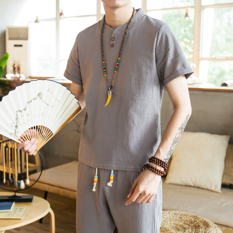 Summer sleeves, men's set, retro Hanfu, Chinese style, cotton and linen, with short sleeve, plus size 2