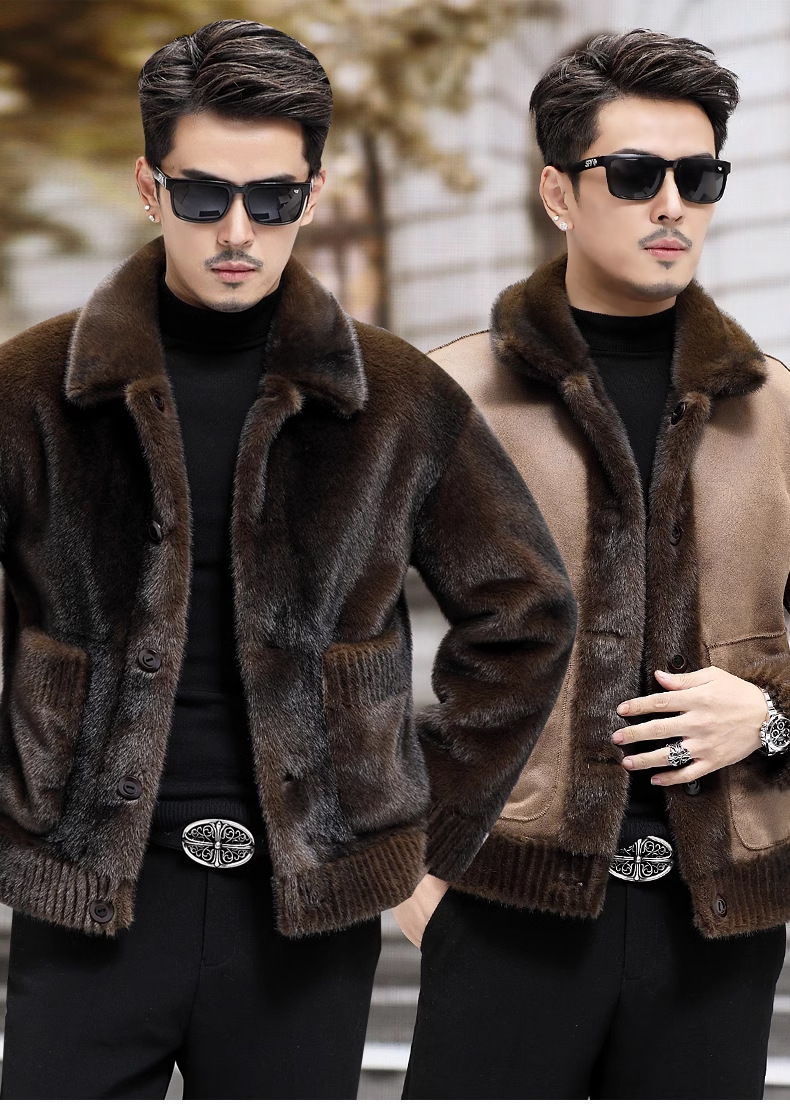 Winter Men's Fur Velvet Jacket Mink Fur Coat Short Lapel Collar