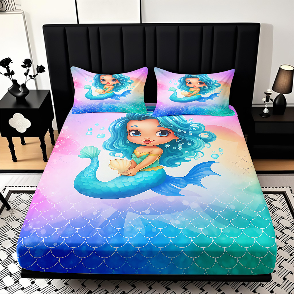 Modo JIT Temu serie de dibujos animados de sirena textil doméstico impresión digital cama de cama de cama kit fábrica de procesamiento