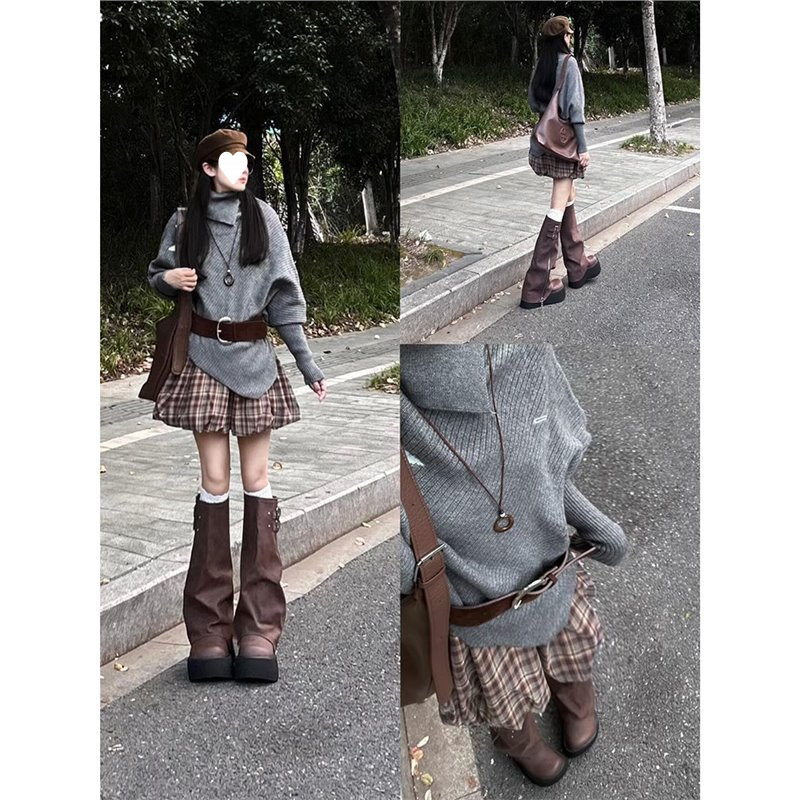 韩系慵懒宽松不规则设计感灰色高领斗篷毛衣格纹花苞裙裤两件套装