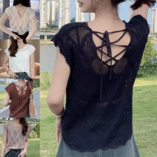 夏季露背系带短袖镂空针织衫女时尚气质温柔设计感薄款圆领上衣女