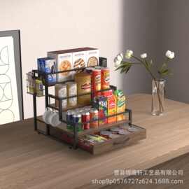 铁艺结合三层调料架木制桌面阶梯式红酒瓶收纳架咖啡糖浆置物架