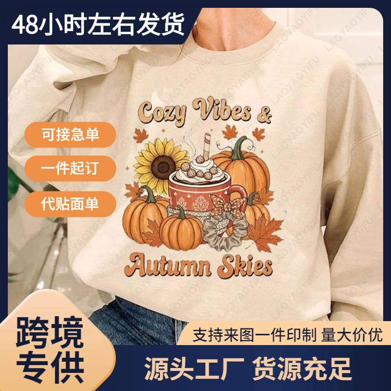 Cross-Border European Size Comfortable Atmosphere Autumn Retro Pumpkin Sky Autumn Hoodie Season Thanksgiving Women Men
