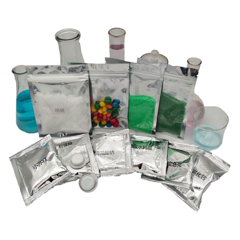 Химические вещества: пищевая сода, лимонная кислота, альгинат натрия, хлорид кальция, шипучие таблетки, квасцы, порошок для производства снега, научные эксперименты