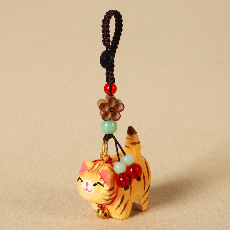手作り木彫り太ったオレンジ猫車のキーホルダーペンダントかわいい牛猫スクールバッグペンダント女性の親友へのギフトとして