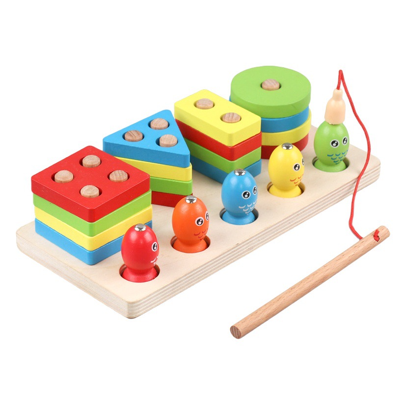 Madera tres en uno columna de manga de pesca multifuncional para niños Montessori forma cognitiva coincidente coordinación mano-ojo juguetes educativos