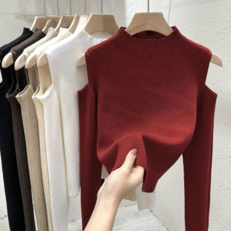 Sweater Women's 2025 New Early Autumn Off-Shoulder Top Autumn High-Waist Slim Fashion Black Bottoming Knitwear