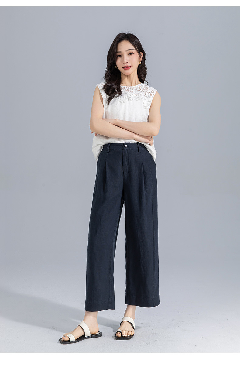 Quần ống rộng nữ cạp cao suông rộng dáng 9 phần vải linen lyocell — màu xanh hải quân chi tiết 29