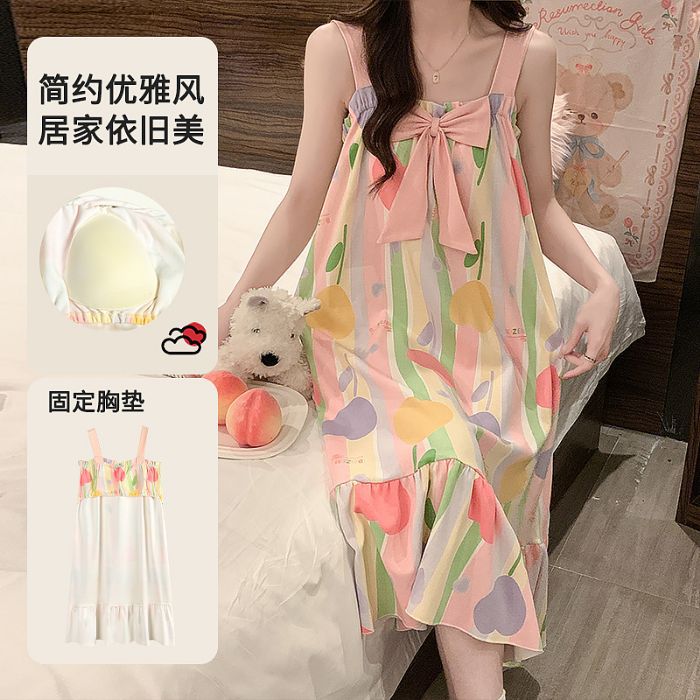 Comercio exterior transfronterizo verano nuevo estilo pijama damas imitación algodón cojín en el pecho camisón bowknot servicio a domicilio de longitud media