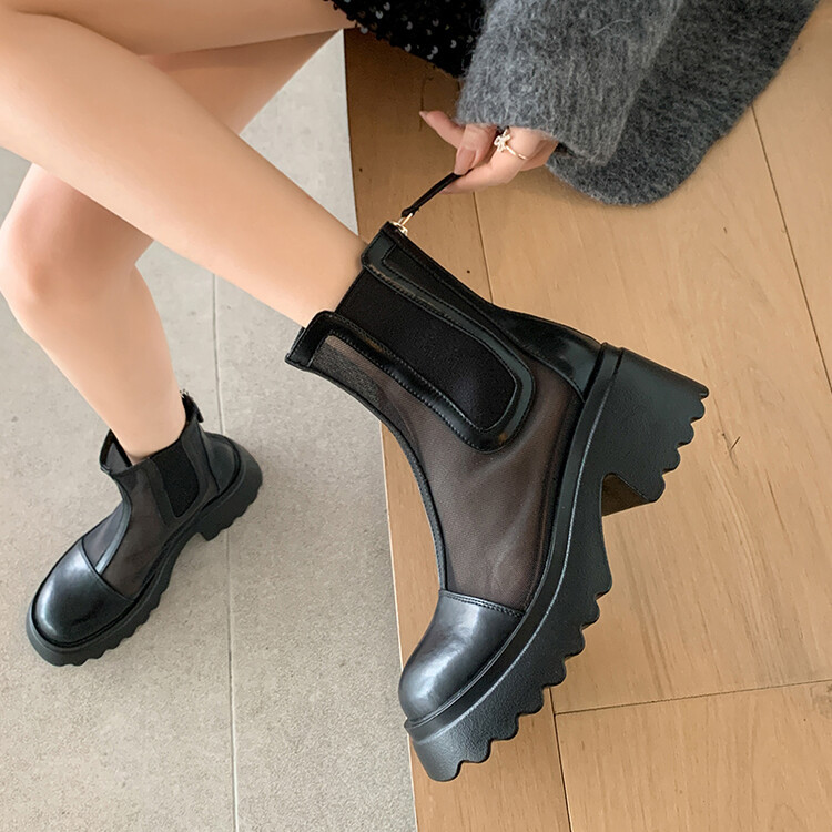 Boot ngắn nữ da bò mũi tròn đế dày thoáng khí khóa kéo sau — Màu đen, Màu mơ chi tiết 91