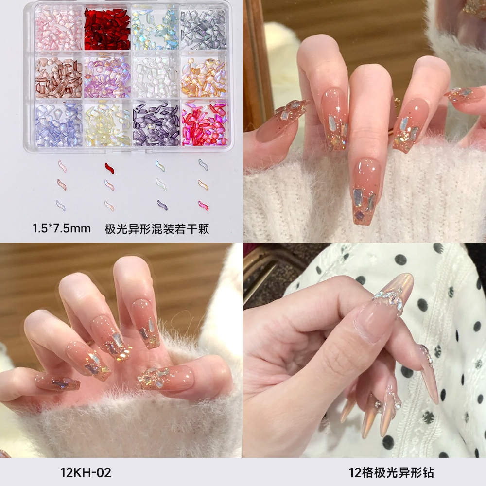 12 piezas de joyería de diamantes de manicura plana de fondo plano intermitente checo de diamantes de formas especiales joyería de mariposa de lentejuelas de uñas de perlas de todo fósforo