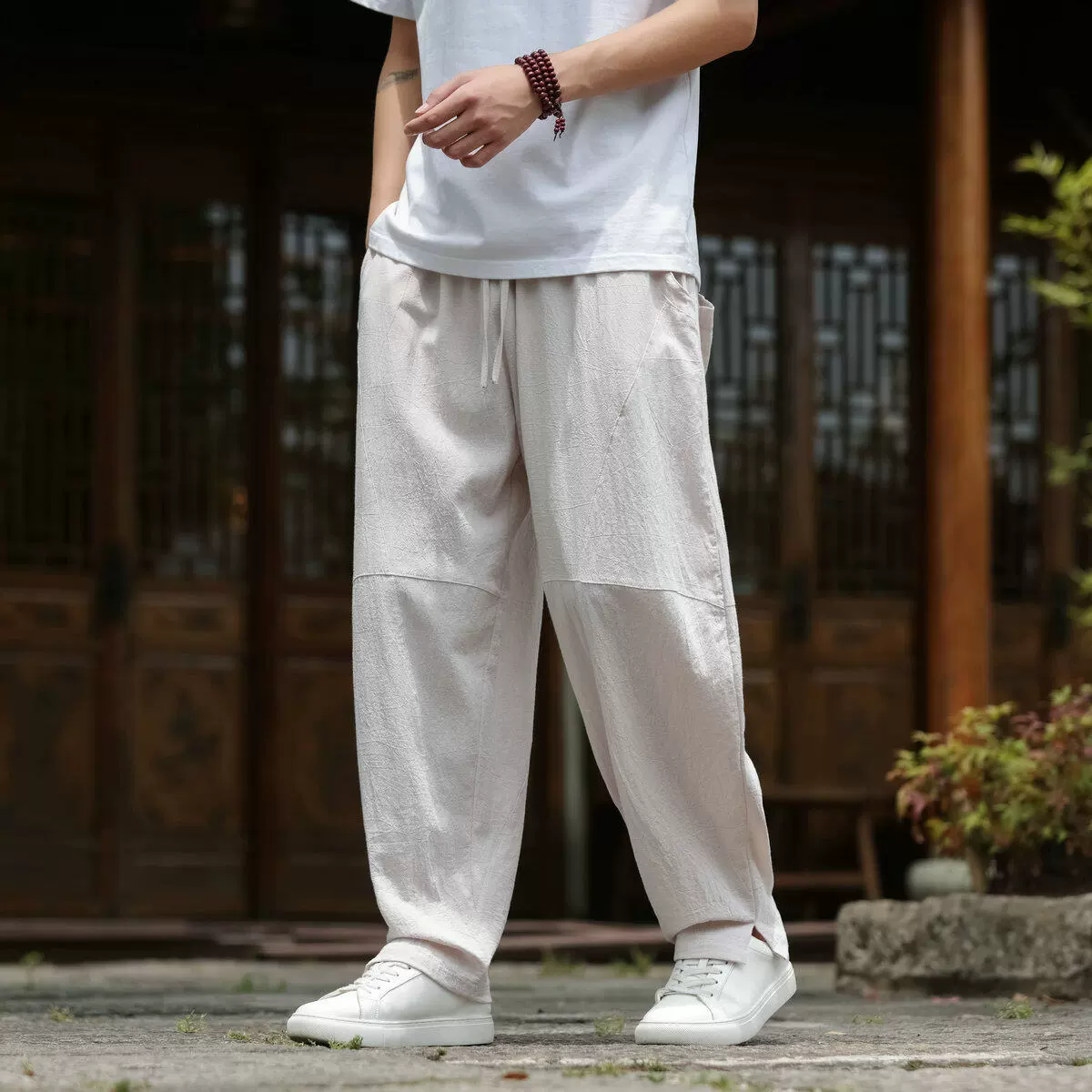 Лето 2025, новый мужской модный простой костюм Hanfu Tang, свободные повседневные брюки в китайском стиле большого размера из ледяного шелка, хлопка и льна