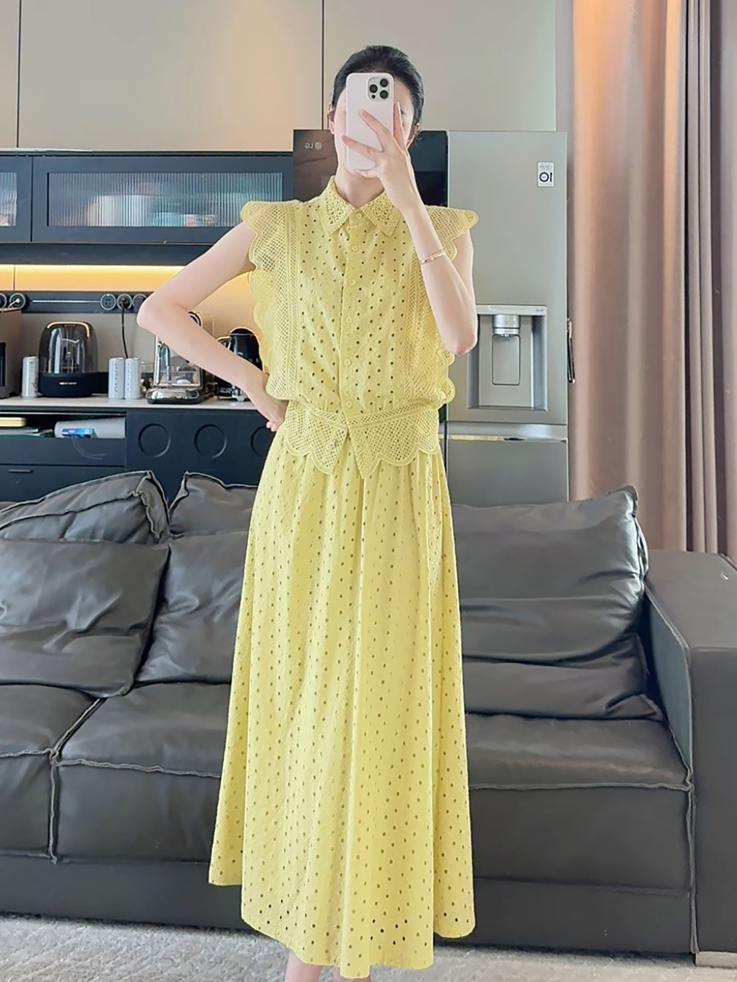 Bộ đầm maxi nữ phong cách Trung Hoa mới tay bồng thêu chấm bi — Chân váy màu trắng