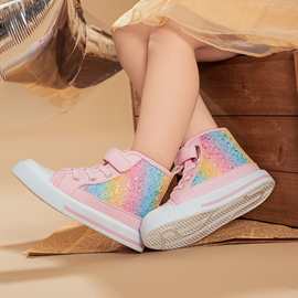 儿童布鞋秋冬经典魔术贴高帮板鞋亮片公主鞋休闲女童鞋学生帆布鞋