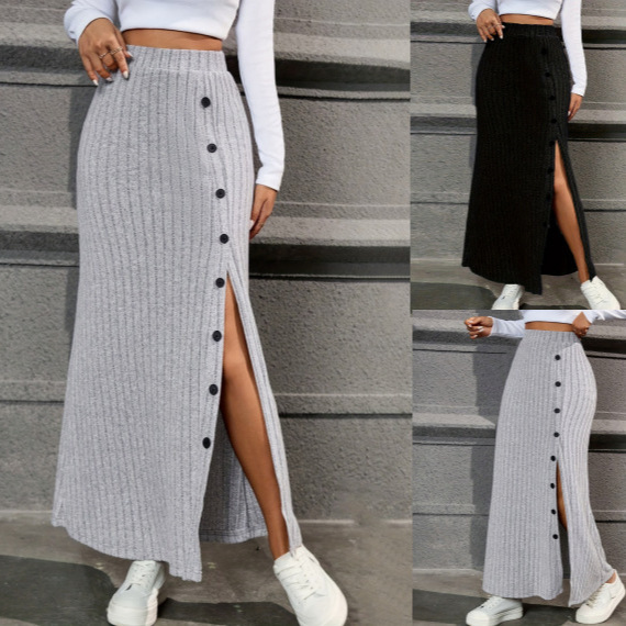 2025 European and American style single AliExpress Amazon new spring high waist side slim slit knitted half-length skirt