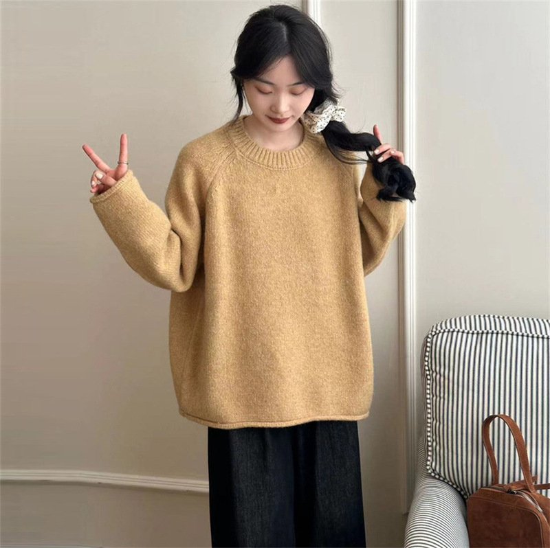 韩系软糯卷边加厚套头毛衣女秋冬新款温柔慵懒风宽松软糯针织上衣|undefined