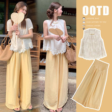 孕妇套装高级感新中式盘扣短袖背心上衣黄色阔腿裤夏季新款两件套