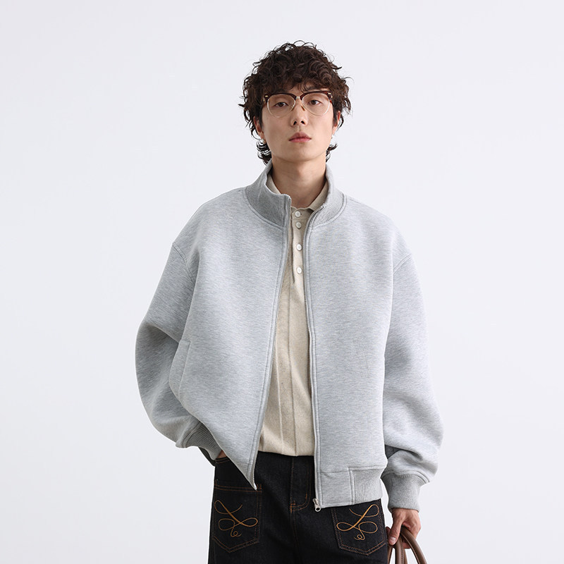 Popular American retro stand-up collar trendy cardigan for men and women 2026 simple solid color casual sports short jacket