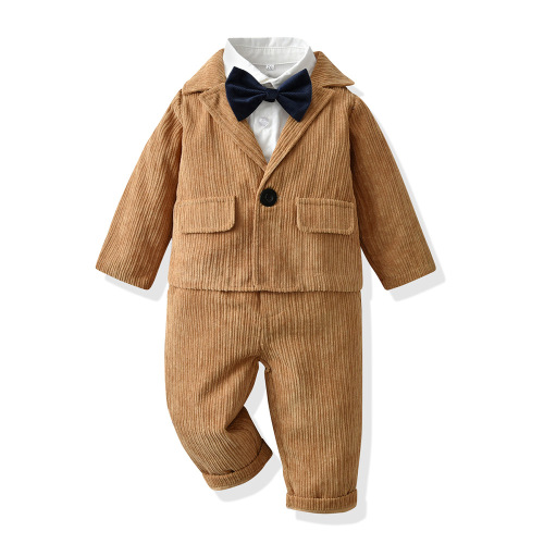 Autumn Corduroy Children's Set Trendy Long-Sleeve Solid Color Jacket Bow Tie Cotton Shirt Korean Style Children's Pants Three-Piece Set