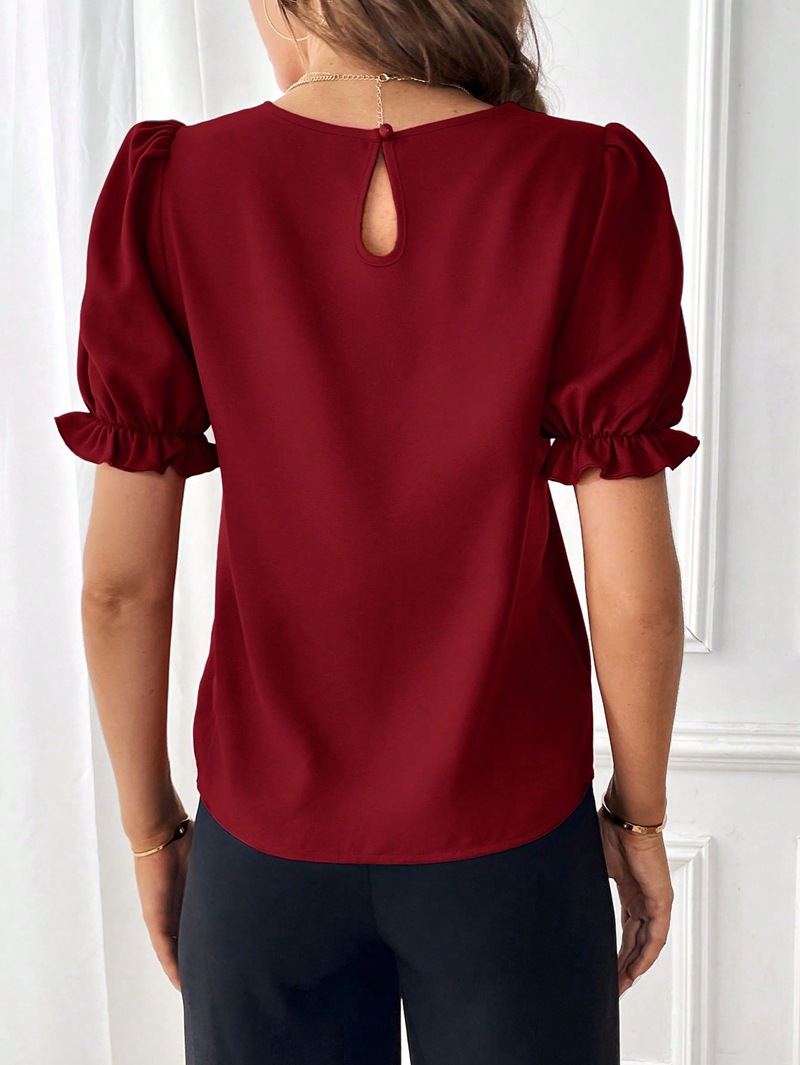 203g Weight Short Sleeve Sleeve Length Pullovers Placket Type Bishop Sleeve Sleeve Type Polyester Fabric Type Regular Top Length Blouse Tops Type Daily Occasion Round Neck Neckline Regular Fit Fit Type Solid Color Pattern Summer, Spring Season Women's Gender Elegant, Streetwear Style Wholesale Women's Elegant Streetwear Solid Color Short Sleeve Blouses 4